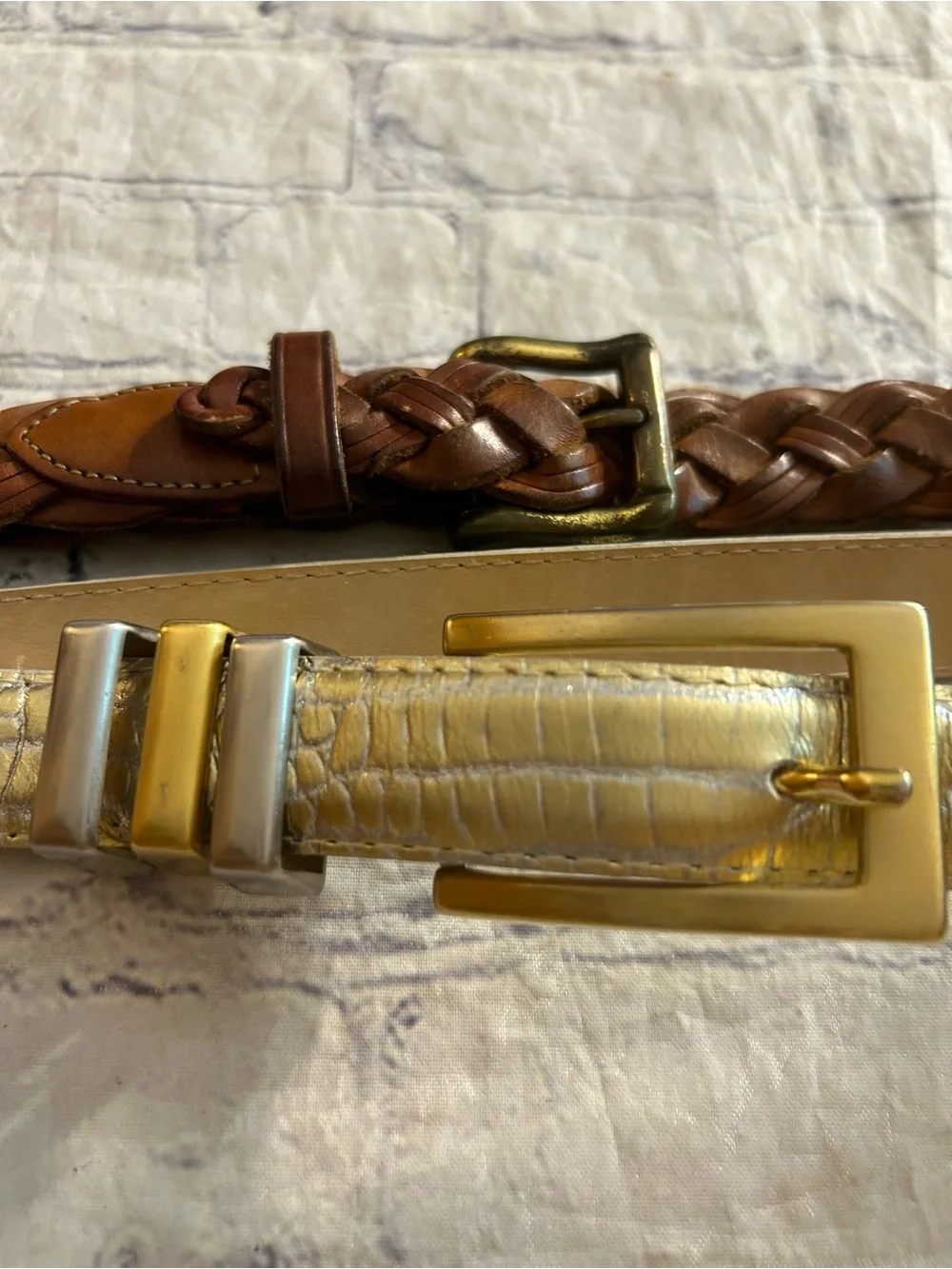 ELITE VTG GOLD METALLIC SKIN PRINT AND EDDIE BAUER BROWN LEATHER BRAIDED BELTS